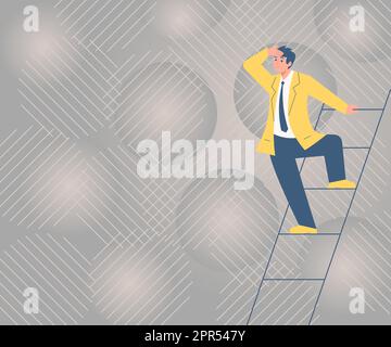 Gentleman in tuta Scala in piedi alla ricerca di idee più recenti piano realizzare con successo obiettivi. Scale uomo arrampicata esplorare future strategie innovative. Illustrazione Vettoriale