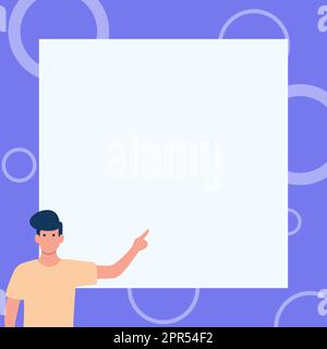 Gentleman disegno in piedi dito puntante in bianco Whiteboard. Man Design si alza punti mano vuota Tavola mostrando nuova idea e significato. Illustrazione Vettoriale