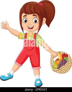 Bambina cartoon con cestino di frutta che sventolano la mano Illustrazione Vettoriale