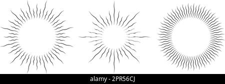 Collezione di trame ricurve retrò sunburst. Raggi di luce solare cerchiati. Elemento di design vintage con travi ondulate per logo, etichette, badge, striscioni. Vettore Illustrazione Vettoriale