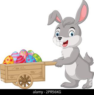 Coniglio Cartoon spingendo il carrello pieno di uova di Pasqua Illustrazione Vettoriale