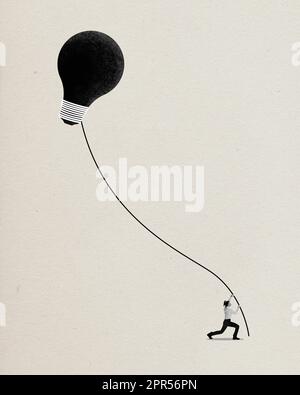 Collage d'arte contemporanea con una donna d'affari vuole ottenere lampadina, cercando di trovare ispirazione su sfondo beige. Crisi creativa Foto Stock