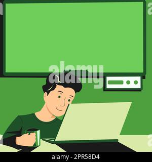 Man Holding Cup, guardando su Lap Top e presentando importanti notizie in TV dietro. Ragazzo che ha Mug in mano, fissando il computer e mostrando le informazioni Cruial. Illustrazione Vettoriale