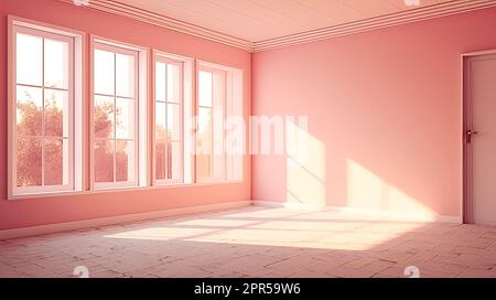 Camera spaziosa e realistica con ampie finestre. Camera vuota rosa. Interno Foto Stock