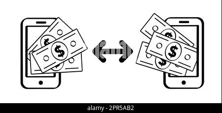 Portafoglio per telefono cellulare. Invio e ricezione di denaro, pagamenti. Pacchetto cartoon, carta moneta. Dollari, banconote o bollette. Fatture per contanti e currenc Foto Stock