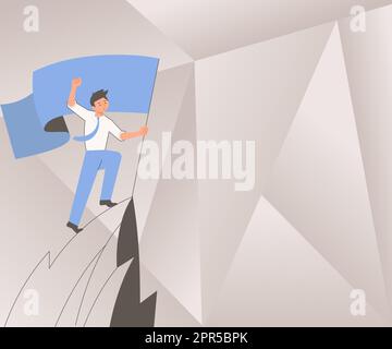 Uomo su Una montagna disegno orgoglioso del suo successo Climbing alle nuvole. Atleta su Una scogliera che celebra i risultati Ascending to the Top. Lo Sport Guy raggiungere il cielo. Illustrazione Vettoriale