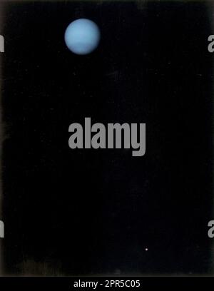 Questa immagine è stata restituita dalla navicella spaziale Voyager 2 il 3 luglio 1989, quando era di 76 milioni di chilometri (47 milioni di miglia) da Nettuno. Il pianeta e il suo satellite più grande, Triton, sono catturati nel campo visivo della telecamera ad angolo stretto di Voyager attraverso filtri viola, trasparenti e arancioni. Triton appare nell'angolo in basso a destra intorno alle 5 rispetto a Nettuno. Le misurazioni ottenute dalle immagini Voyager mostrano che Triton ha un raggio compreso tra 1,400 e 1,800 chilometri (circa 870 e 1,100 miglia) con una superficie luminosa come la neve appena caduta. Perché Triton è a malapena risolto in maledizione Foto Stock