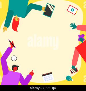 Tre colleghi che portano S decorazione delle applicazioni mobili definizione del lavoro di squadra. Partner simboli in attesa creazione di funzioni telefoniche che presentano lo sforzo combinato. Illustrazione Vettoriale