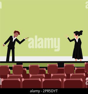 I leader aziendali professionisti che indossano abiti formali parlano. Modello di ruolo colleghi fase di orientamento di pubblico parlare. Fase di dibattito maschile e femminile. Illustrazione Vettoriale