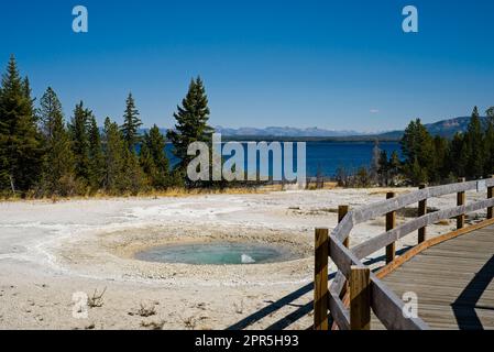 Una piccola sorgente termale bollente nel West Thumb Geyser Basin presso il Parco Nazionale di Yellowstone, con il Lago di Yellowstone sullo sfondo Foto Stock