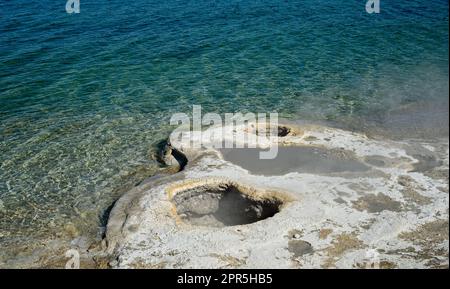 Piscine termali e fangpot ai margini del lago Yellowstone presso il West Thumb Geyser Basin nel parco nazionale di Yellowstone Foto Stock