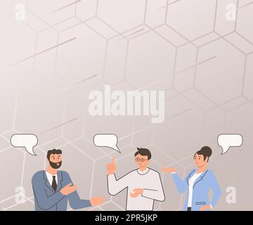 Illustrazione dei partner che chiacchierano costruendo nuove idee meravigliose per il miglioramento delle competenze. Disegno del compagno di squadra progettare i vecchi pensieri stupefacenti per migliorare la conoscenza di lavoro. Illustrazione Vettoriale