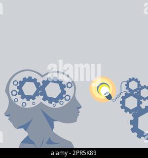 Due teste con ruote dentate che mostrano idee tecnologiche. Gears in Brain Symbols Design visualizzazione di un'idea meccanica e tecnica. Illustrazione Vettoriale