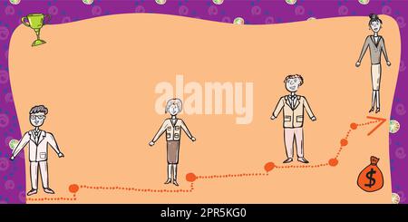 Business Team in piedi sulla scala per il successo con Trophy e Money Bag sui lati. Uomini d'affari e donne d'affari che presentano un importante messaggio per lo sviluppo. Illustrazione Vettoriale