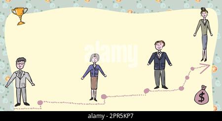 Business Team in piedi sulla scala per il successo con Trophy e Money Bag sui lati. Uomini d'affari e donne d'affari che presentano un importante messaggio per lo sviluppo. Illustrazione Vettoriale