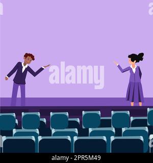 I leader aziendali professionisti che indossano abiti formali parlano. Modello di ruolo colleghi fase di orientamento di pubblico parlare. Fase di dibattito maschile e femminile. Illustrazione Vettoriale