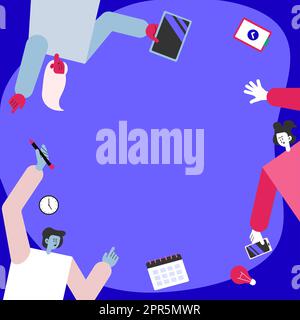 Tre colleghi che portano S decorazione delle applicazioni mobili definizione del lavoro di squadra. Partner simboli in attesa creazione di funzioni telefoniche che presentano lo sforzo combinato. Illustrazione Vettoriale