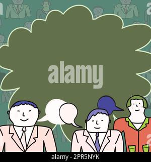 Uomini d'affari che comunicano e brainstorming in riunione. Tre colleghi discutono di notizie importanti. Manager consegna di nuove idee brillanti ai colleghi. Illustrazione Vettoriale