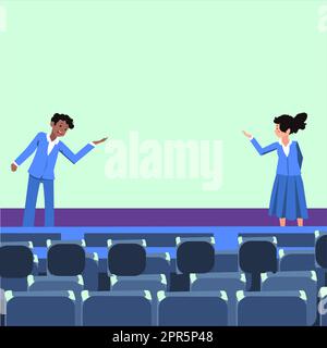 I leader aziendali professionisti che indossano abiti formali parlano. Modello di ruolo colleghi fase di orientamento di pubblico parlare. Fase di dibattito maschile e femminile. Illustrazione Vettoriale