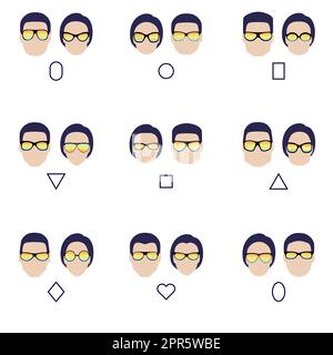 Set di silhouette di vari tipi di occhiali da sole. Facce forme a occhiali schema di confronto cornici. Illustrazione vettoriale. Foto Stock