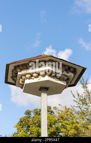 Una torre di nidificazione per rondini ed edifici per proteggere... Foto Stock