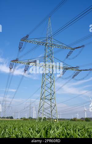 Un pilone elettrico con linee elettriche visto in Germania Foto Stock