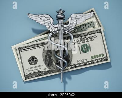 Simbolo del caduceo d'argento in piedi sulle fatture del dollaro. 3D illustrazione. Foto Stock