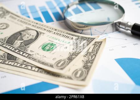 Lente d'ingrandimento con banconote in dollari USA su carta grafici. Sviluppo finanziario, conto bancario, Statistiche, Investment Analytic Research data economy. Foto Stock