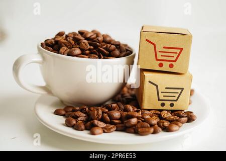 Scatola del carrello per i chicchi di caffè, acquisto online per l'esportazione o l'importazione. Foto Stock