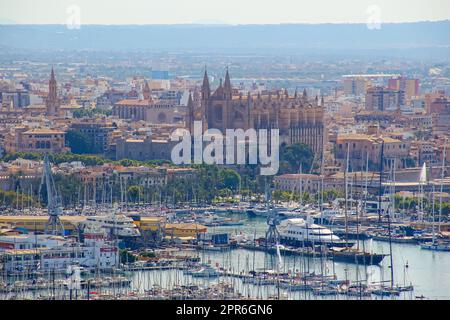 Vue aérienne du port de Palma de Majorque dans les Îles Baléares avec la Seu, la cathédrale gothique médiévale de Majorque dépassant au-dessus de la M Foto Stock