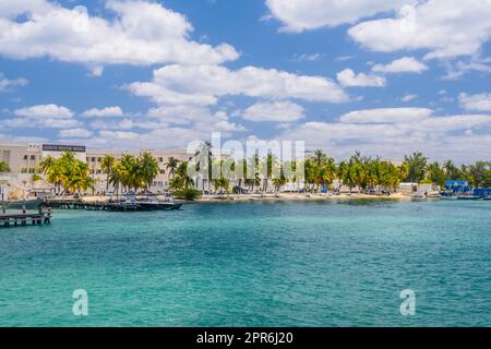 Barche vicino alla costa con palme dell'isola di Isla Mujeres nel Mar dei Caraibi, Cancun, Yucatan, Messico Foto Stock