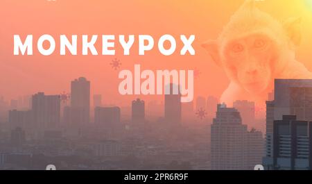 Concetto di epidemia di Monkeypox. Monkeypox è causato dal virus monkeypox. Le epidemie di Monkeypox in città hanno bisogno di vaccino contro il vaiolo per la prevenzione. Paesaggio urbano, scimmia, e sfondo del virus del vaiolo delle scimmie. Foto Stock
