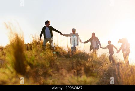 Il nonno è in testa. Scatto di una famiglia multi-generazionale che cammina mano in mano attraverso un campo al tramonto. Foto Stock