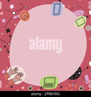 Poster in bianco decorato con simboli della tecnologia moderna. Cornice vuota circondata da un telefono cellulare multicolore portatile che rappresenta la scienza e la tecnologia. Illustrazione Vettoriale