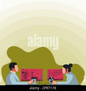 Due colleghi si riunono per discutere le future idee di progetto in rappresentanza del lavoro di squadra. Partner che utilizzano la tecnologia sviluppare le più recenti strategie di pubblicità. Illustrazione Vettoriale