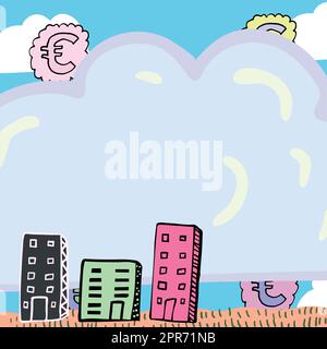 Nuova idea scritta Cloud con Euro segni in background e gli edifici. Foto Stock