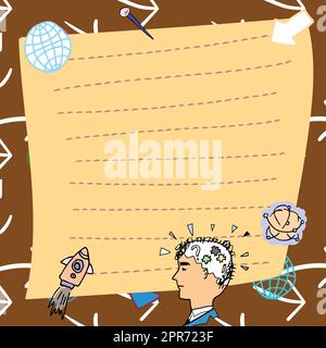 Man Thinking nuove idee creative presentate su Nota. Ragazzo ragionamento messaggio importante scritto su Pad. Uomo d'affari che presenta gli annunci di Cruial su Notepoad. Foto Stock