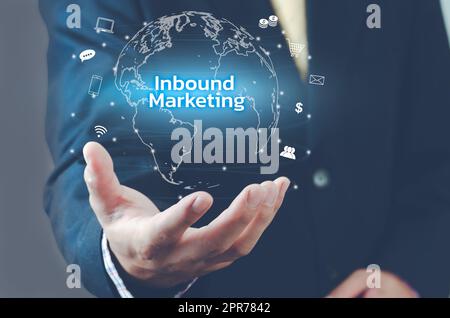 Uomo mano virtuale mondo icona. Schermata virtuale di marketing in entrata. Concetto aziendale. Foto Stock