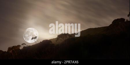 Vista panoramica del fumo da incontrollabili incendi boschivi o incendi boschivi che si snodano sopra la riserva naturale di Table Mountain, Sudafrica. Nebbia, nebbia e luna sulla remota collina di campagna con spazio per le copie di notte Foto Stock