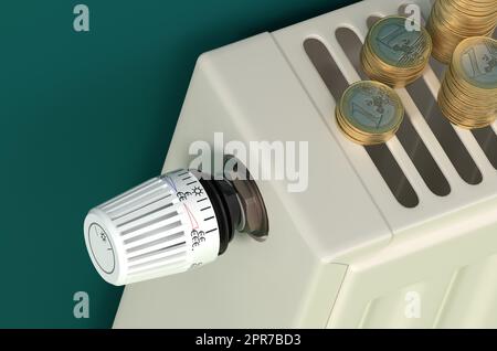 Termostato su un radiatore con impronta euro, aumento dei costi di riscaldamento, riduzione del consumo energetico Foto Stock