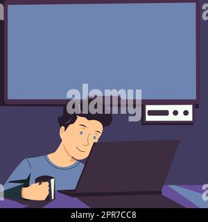 Man Holding Cup, guardando su Lap Top e presentando importanti notizie in TV dietro. Ragazzo che ha Mug in mano, fissando il computer e mostrando le informazioni Cruial. Illustrazione Vettoriale