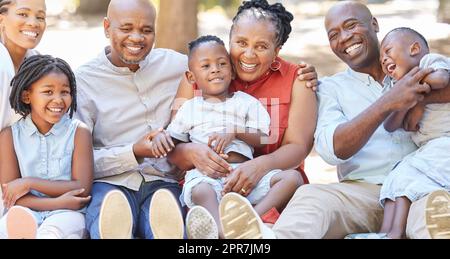 Ritratto felice famiglia afro-americana di sette persone che trascorrono del tempo di qualità insieme nel parco durante l'estate. Nonni, genitori e figli che si legano insieme fuori. Una gita con i bambini Foto Stock