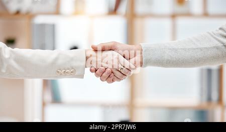 Due uomini d'affari che stringono la mano in una riunione al lavoro. I professionisti aziendali salutano e fanno accordi tra loro. Capo che assume un dipendente in un colloquio in un ufficio Foto Stock