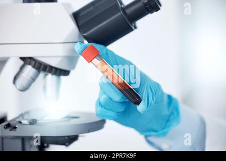 Primo piano della mano di uno scienziato maschio che tiene un campione di sangue in una piccola provetta di vetro per la ricerca ospedaliera. Medico che analizza una fiala in laboratorio indossando guanti protettivi Foto Stock