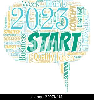 Nuvola di parole di grandi dimensioni a forma di bolla del discorso con parole 2023 inizio. Ricordare gli eventi dello scorso anno azioni principali o buoni spettacoli. Impostare i vostri obiettivi e piani per l'anno in corso o nel 2023 Illustrazione Vettoriale
