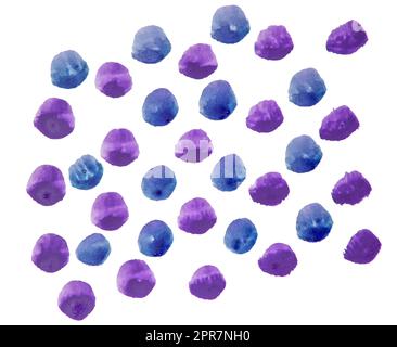 Molte colorate macchie di acquerello di blu e viola su sfondo bianco. Sfondo acquerello astratto Foto Stock