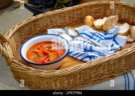 Il goulash del bollitore è preparato sopra un fuoco aperto! Foto Stock