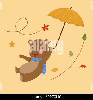 carino orso cartone animato volare con ombrello Foto Stock