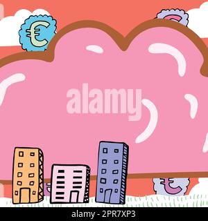 Nuova idea scritta Cloud con Euro segni in background e gli edifici. Foto Stock