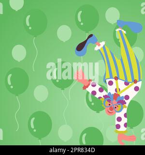 Clown in piedi capovolto da una mano e Balloon in presa con l'altra. Comico con occhiali e colorato Wig fare Divertimento. L'uomo festeggia il compleanno. Illustrazione Vettoriale